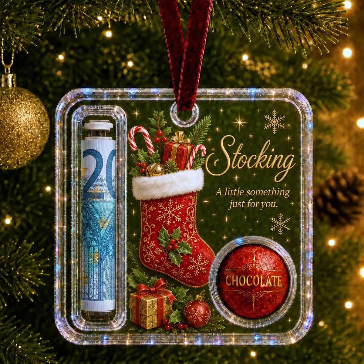 Kerst cadeauhanger Kerstsok met een opgerold briefje en een chocolaatje