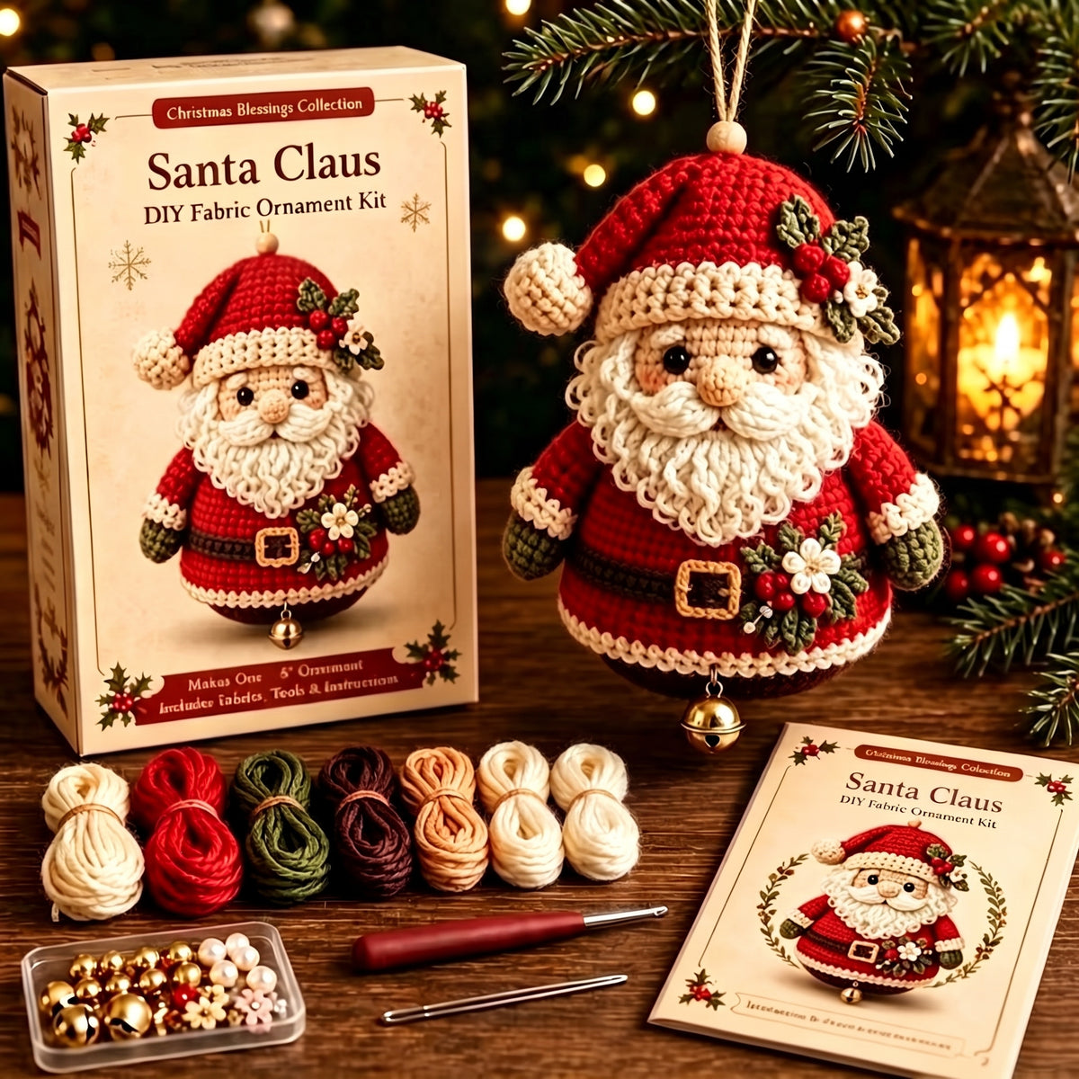 Kersthaakset kerstman: doos, bolletjes garen, haaknaald, kralen en het gehaakte figuurtje