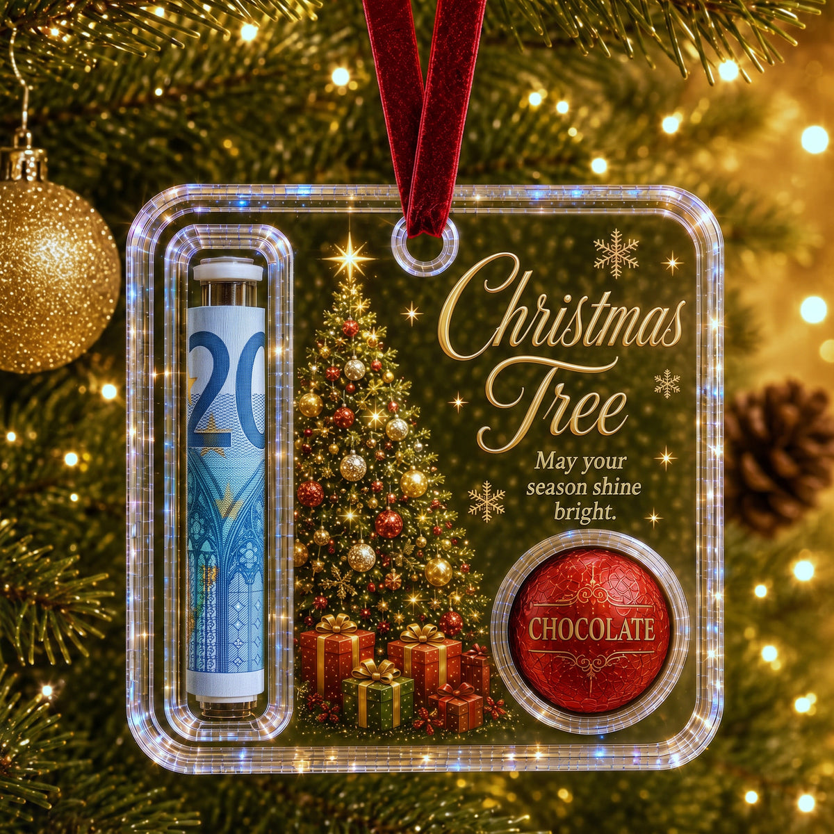 Kerst cadeauhanger Kerstboom met een opgerold briefje en een chocolaatje