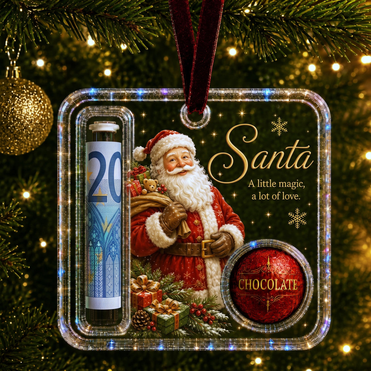 Kerst cadeauhanger Kerstman met een opgerold briefje en een chocolaatje