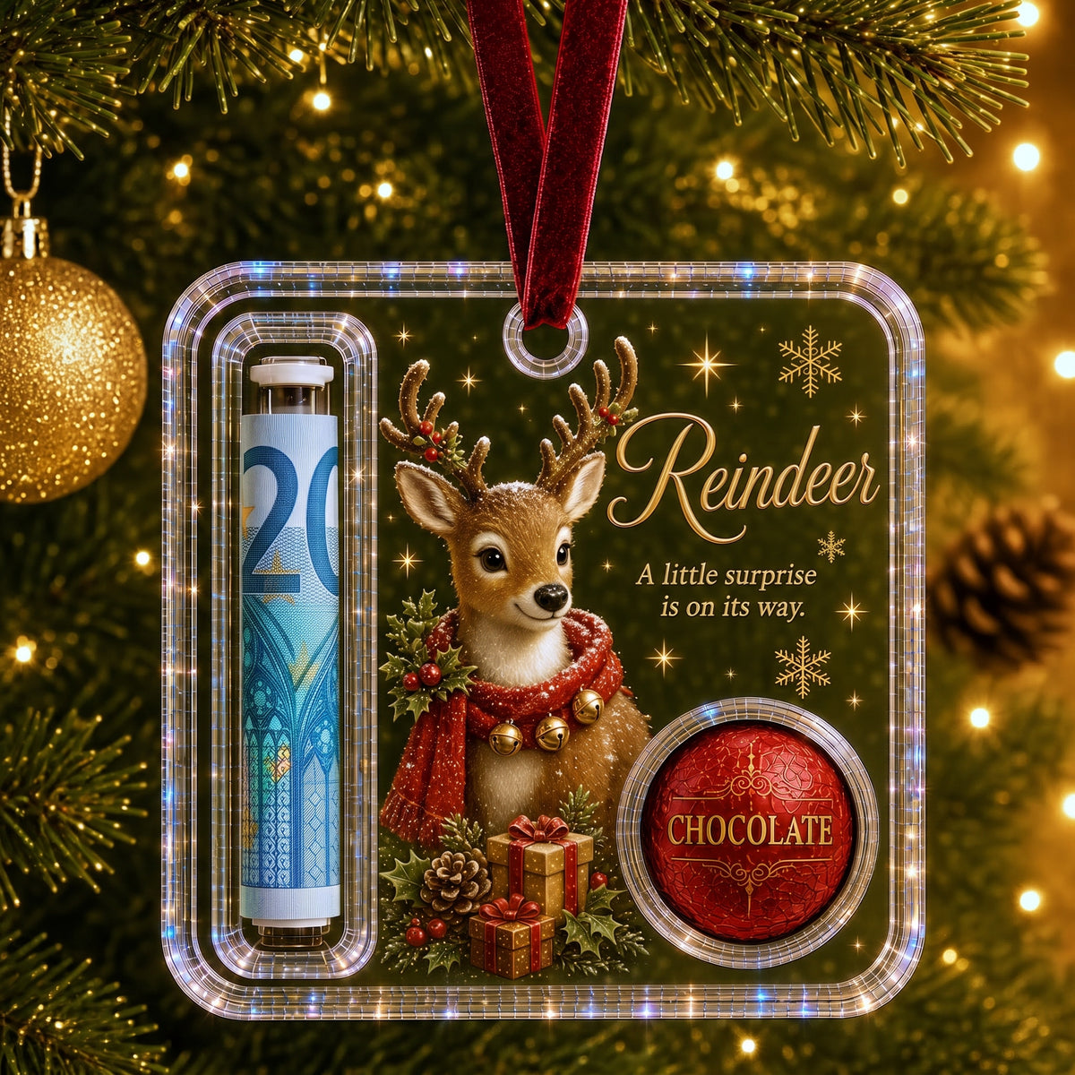Kerst cadeauhanger Rendier met een opgerold briefje en een chocolaatje