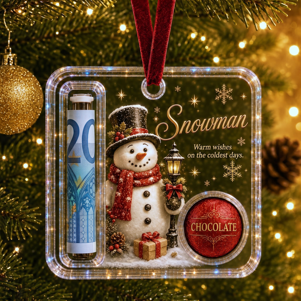 Kerst cadeauhanger Sneeuwpop met een opgerold briefje en een chocolaatje
